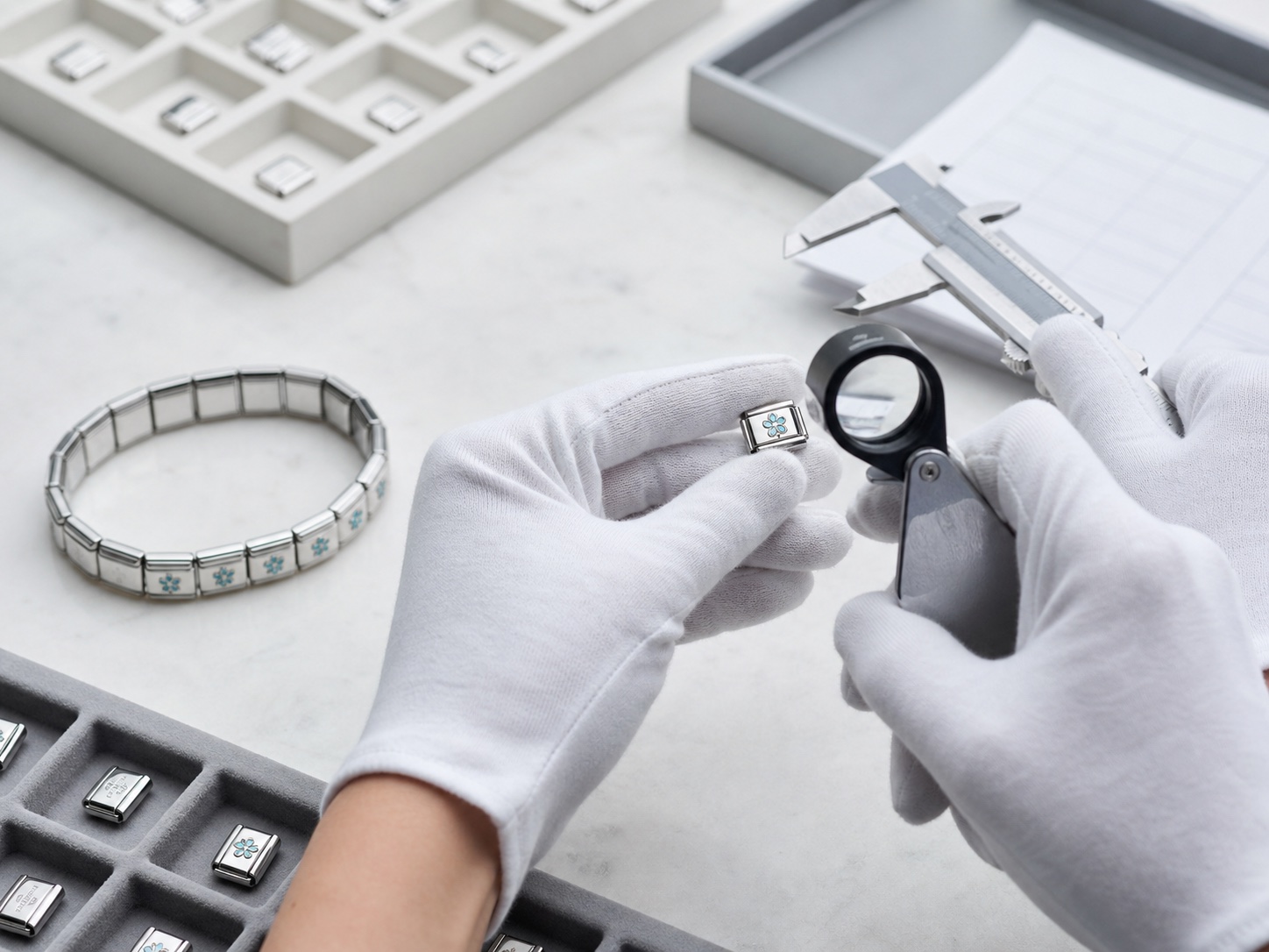 A jewelry quality specialist inspecting an Italian charm link
